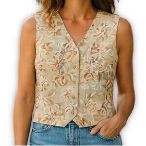LINEN TALBOT’S PETITES Floral Button Up Neutral Vest Size 8P Multicolor Vintage